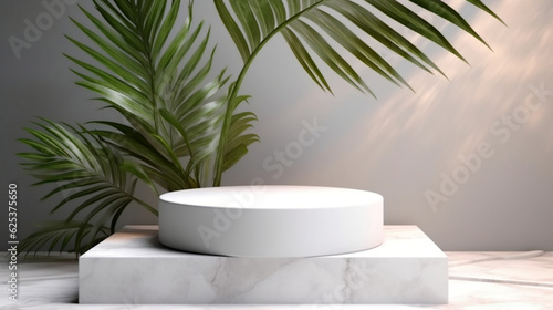 White marble stone pedestal showcase mock up and palm leaves with sunlight and shadow, realistic podium with tropical tree, minimal backdrop. Generative AI
