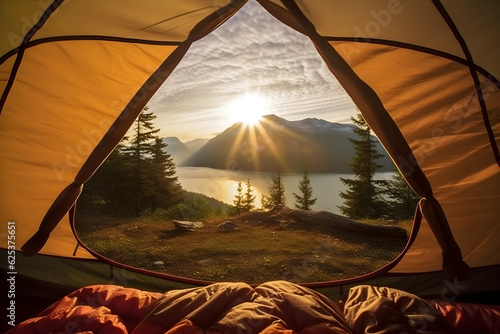 Beautiful moutains and lake scenic looking from tent during sunrise, camping outdoor activity, wanderlust, vocation, lifestyle concept. Generative AI