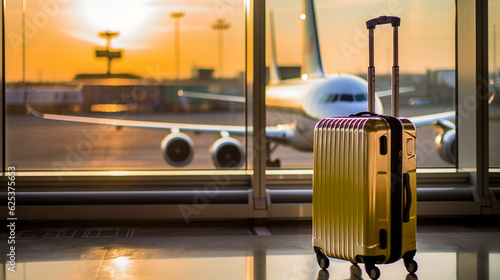 A shinny suitcase on the floor in the gate at the airport and airplane at the outside while sunrise, no people. Generative AI