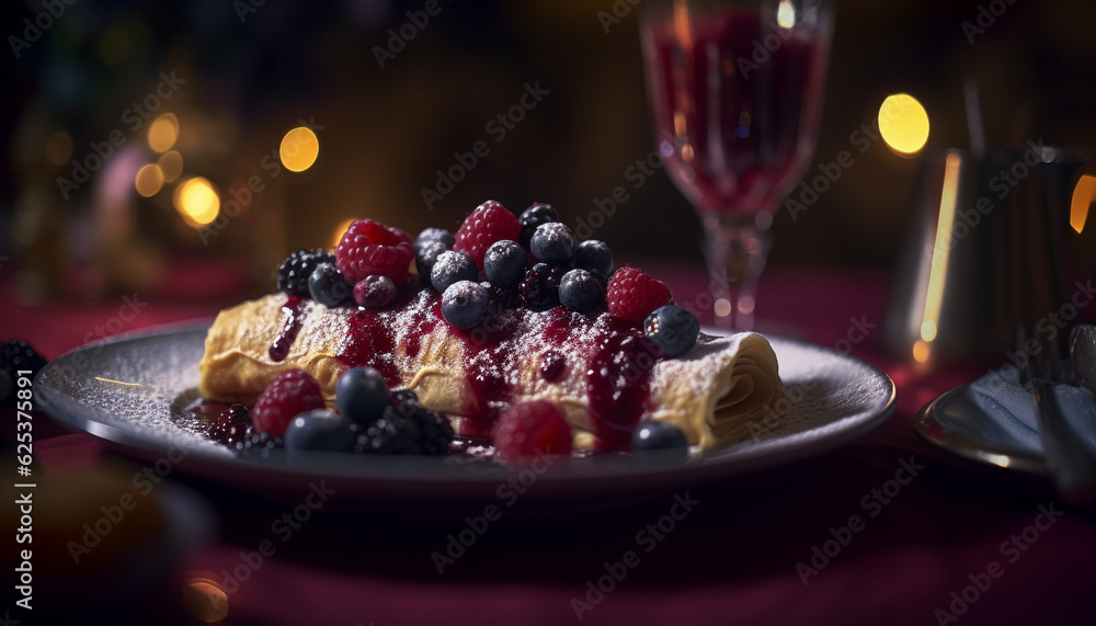 Fresh homemade berry pancakes with chocolate sauce and raspberry syrup generated by AI Fresh homemade berry pancakes with chocolate sauce and raspberry syrup generated by AI