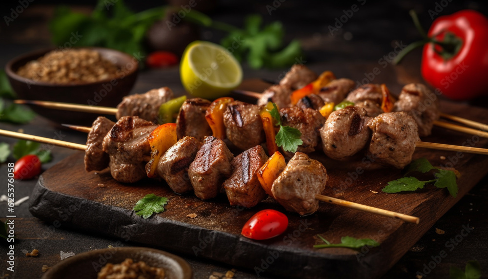 Grilled meat skewers with fresh vegetables and homemade marinade generated by AI