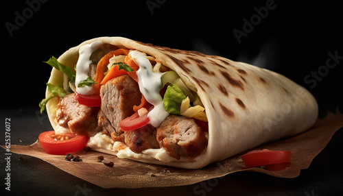 Grilled beef and vegetable shawarma wrap with fresh guacamole generated by AI