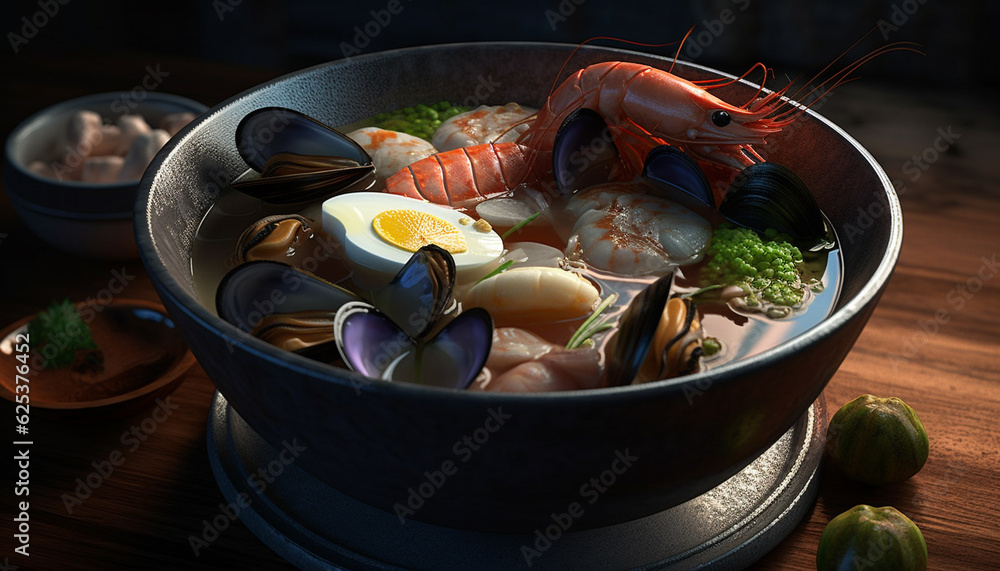 Fresh seafood soup with prawn, mussel, scampi, and scallop generated by AI