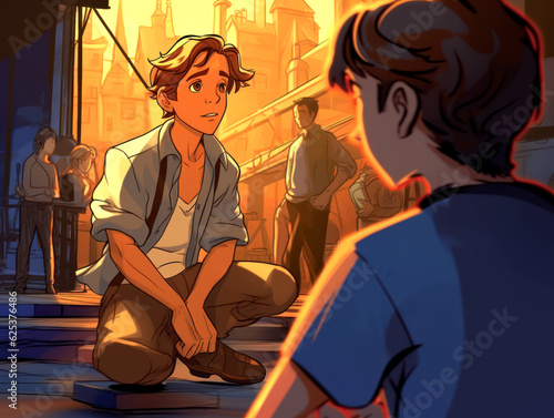 A Youthful Adventure A Colorful and Cheerful Cartoon Artwork of a Boys Exploring a Fantasy World AI Generated