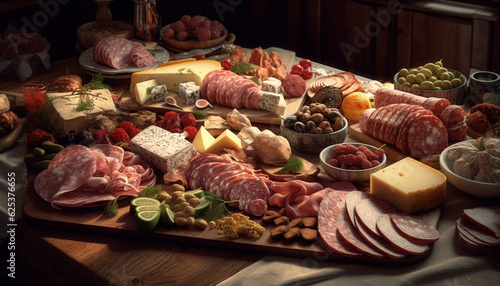 Variety of cured meats on rustic wood plate for appetizer generated by AI