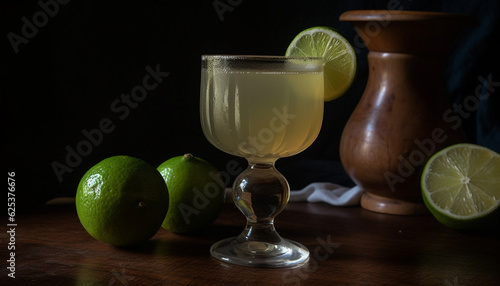 Refreshing citrus cocktail with lime and lemon slices on wooden table generated by AI