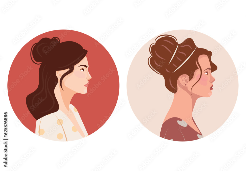 Set of diverse female face portraits of different ethnicity, hairstyles and ages with round shapes. diversity. Women's empowerment movement. Vector flat illustration, banner or poster. Avatars for soc Set of diverse female face portraits of different ethnicity, hairstyles and ages with round shapes. diversity. Women's empowerment movement. Vector flat illustration, banner or poster. Avatars for soc
