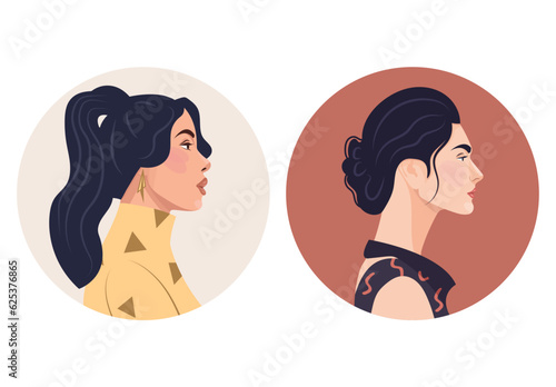 Set of diverse female face portraits of different ethnicity, hairstyles and ages with round shapes. diversity. Women's empowerment movement. Vector flat illustration, banner or poster. Avatars for soc