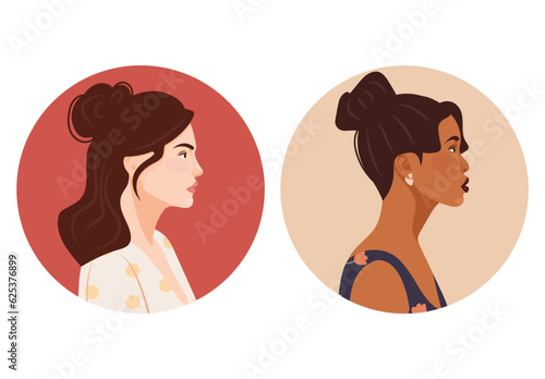 Set of diverse female face portraits of different ethnicity, hairstyles and ages with round shapes. diversity. Women's empowerment movement. Vector flat illustration, banner or poster. Avatars for soc