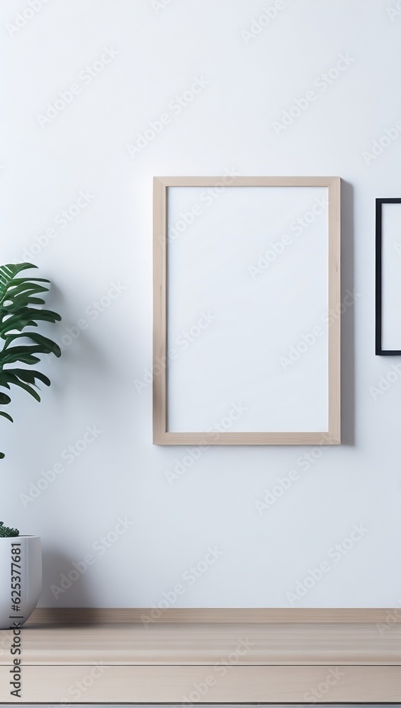 Blank picture frame mockup on white wall. Modern living room design Blank picture frame mockup on white wall. Modern living room design