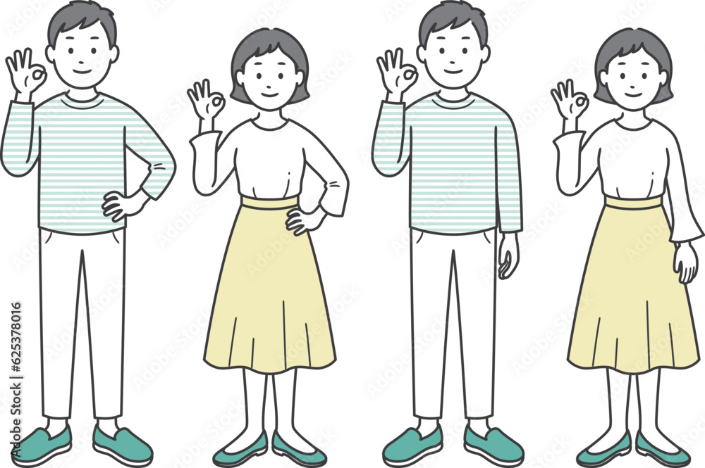 OKポーズをする成人男女全身