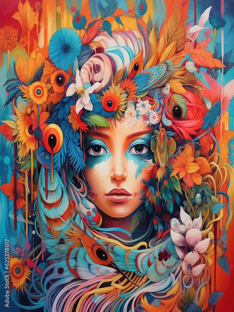 Abstract Wall Art. Portrait of a woman surrounded with colorful flowers in her hair with  vibrant colours. 