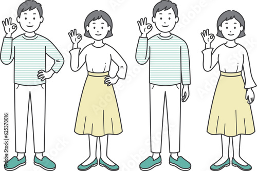 OKポーズをする成人男女全身