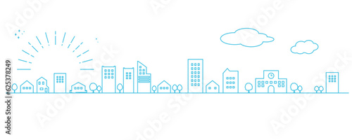 サンバーストとシンプルな街並みの線画イラスト