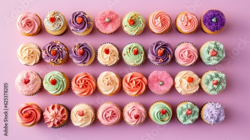 Illustration of a colourful assortment of cupcakes with vibrant buttercream and candies on a captivating purple backdrop. Created with Generative AI technology