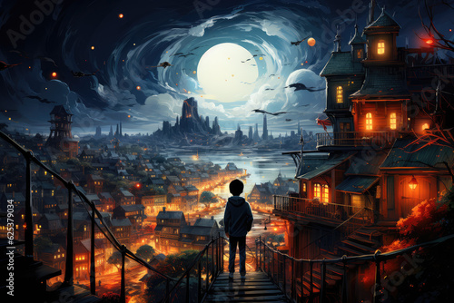 a kid on top of a ladder looking over at the magical city going into sleep, vivid, starry night with galaxies visible, houses lit from inside, wallpaper background image photo