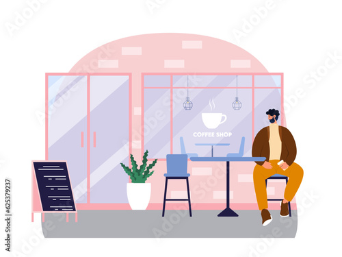 Coffee shop vector illistration. Coffee shop flat illustration. City cafe. Summer urban spring landscape. Flat design concept.