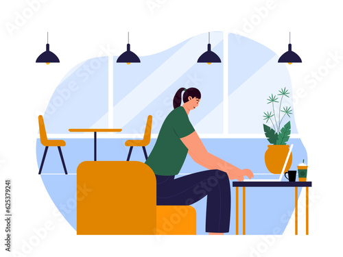 Coffee shop vector illistration. Coffee shop flat illustration. City cafe. Summer urban spring landscape. Flat design concept.