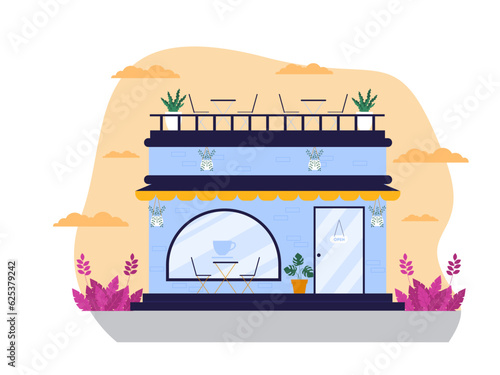 Coffee shop vector illistration. Coffee shop flat illustration. City cafe. Summer urban spring landscape. Flat design concept.