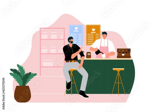 Coffee shop vector illistration. Coffee shop flat illustration. City cafe. Summer urban spring landscape. Flat design concept.
