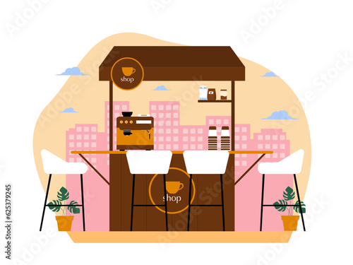 Coffee shop vector illistration. Coffee shop flat illustration. City cafe. Summer urban spring landscape. Flat design concept.