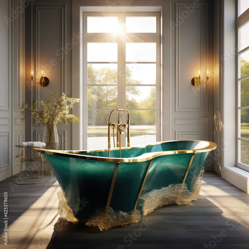 classic style bathtub in the middle of minimalistic classic room, emerald green with golden monuments, wallpaper background image photo