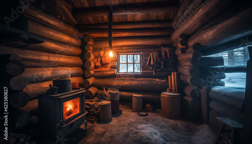 Burning firewood brings warmth and comfort to the rustic cottage generated by AI