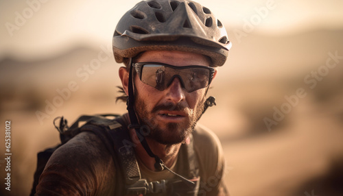 One man outdoors, cycling with sports helmet, enjoying healthy lifestyle generated by AI © djvstock