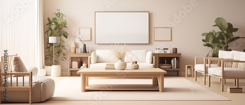 Modern living room interior  beige and white tones. A big blank frame on the wall for advertising or copy space. Oriental style interior design. Wooden asian vibes furniture. Ai generated  3d render