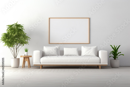 Blank horizontal light panels, mockup of empty framed posters. AI generated 3d artwork template, minimal interior design, white wall, minimalist modern living rooom with copy space,  track arm sofa