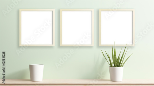 Three empty square frames on a wall. Pastel colours yellow and green. Gallery of frames. Minimalist interior design. mockup of empty framed poste, sale of artwork, display of photographs, templates. © Andrea Marongiu