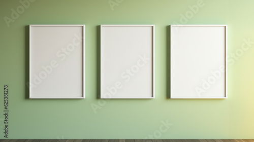 Three empty square frames on the wall. Pastel green. Gallery of frames. Minimalist interior design. Copy space for presentation, sale of artwork, display of photographs, exhibition. AI