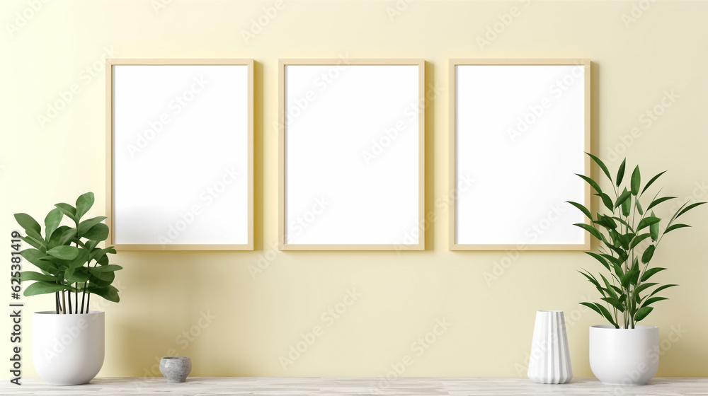 Three blank vertical light panels, mockup of empty framed posters. Ai 3d artwork template, minimal interior design, pastel light yellow wall, minimalist stylish illustration with copy space and plants Three blank vertical light panels, mockup of empty framed posters. Ai 3d artwork template, minimal interior design, pastel light yellow wall, minimalist stylish illustration with copy space and plants