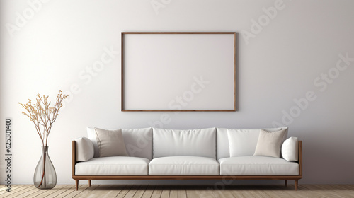 Blank horizontal light panels, mockup of empty framed posters. Ai 3d artwork template, minimal interior design, white wall, minimalist stylish living rooom with copy space, sofa, copy space