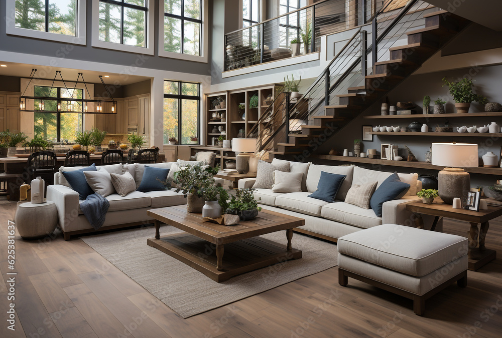 Obraz premium unwind into an elegant rustic living room filled with wooden furniture and staircase, soft natural light, grand shelf, soft ambient woodland, no people indoor. Loft with plants and big sofa. Ai design