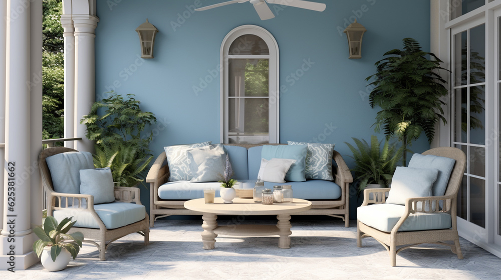 Elegant, cosy and contemporary porch, outdoor furniture for summer, wooden sofa and armchairs, coffee table. Cambridge blue and linen colours. Typical seaside home and furniture. AI 3d render patio