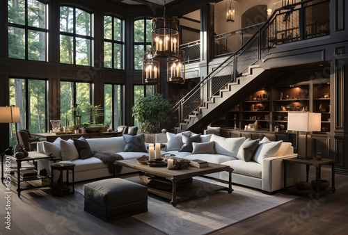 Living room filled with wooden furniture and lots of windows, in serene forest setting, elegant rustic loft in morning, interior design photography. Ai generated house with mezzanine and a big sofa © Andrea Marongiu