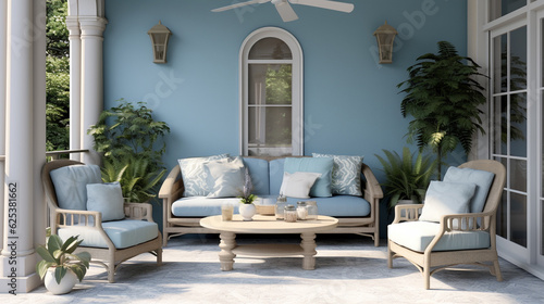 Elegant, cosy and contemporary porch, outdoor furniture for summer, wooden sofa and armchairs, coffee table. Cambridge blue and linen colours. Typical seaside home and furniture. AI 3d render patio © Andrea Marongiu