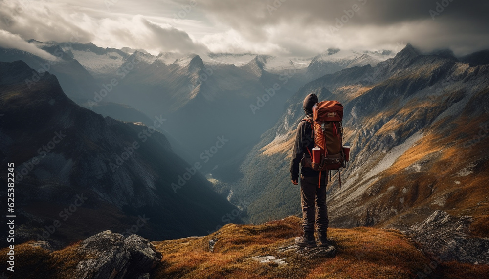 Mountain hiking adventure one person standing high, backpack exploring terrain generated by AI
