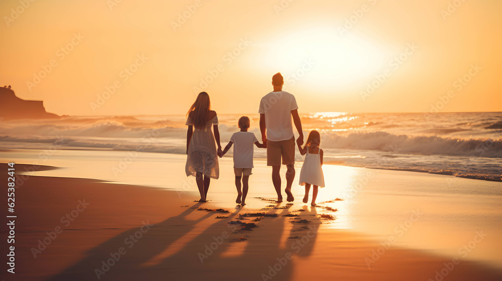 Happy family silhouette on beach with sea waves, sunset on the horizon and holding hands for development wellness, support and love. 