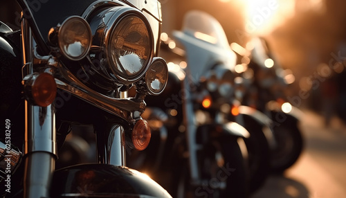 Shiny chrome motorcycle headlight reflects old fashioned elegance and speed outdoors generated by AI