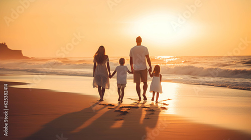 Happy family silhouette on beach with sea waves, sunset on the horizon and holding hands for development wellness, support and love. 