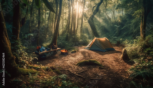 Two men hiking in the forest, enjoying the tranquil scenery generated by AI