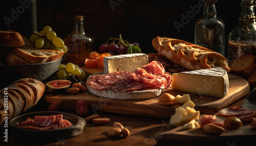 Rustic appetizer plate prosciutto, salami, ciabatta, parmesan, tomato, wine generated by AI