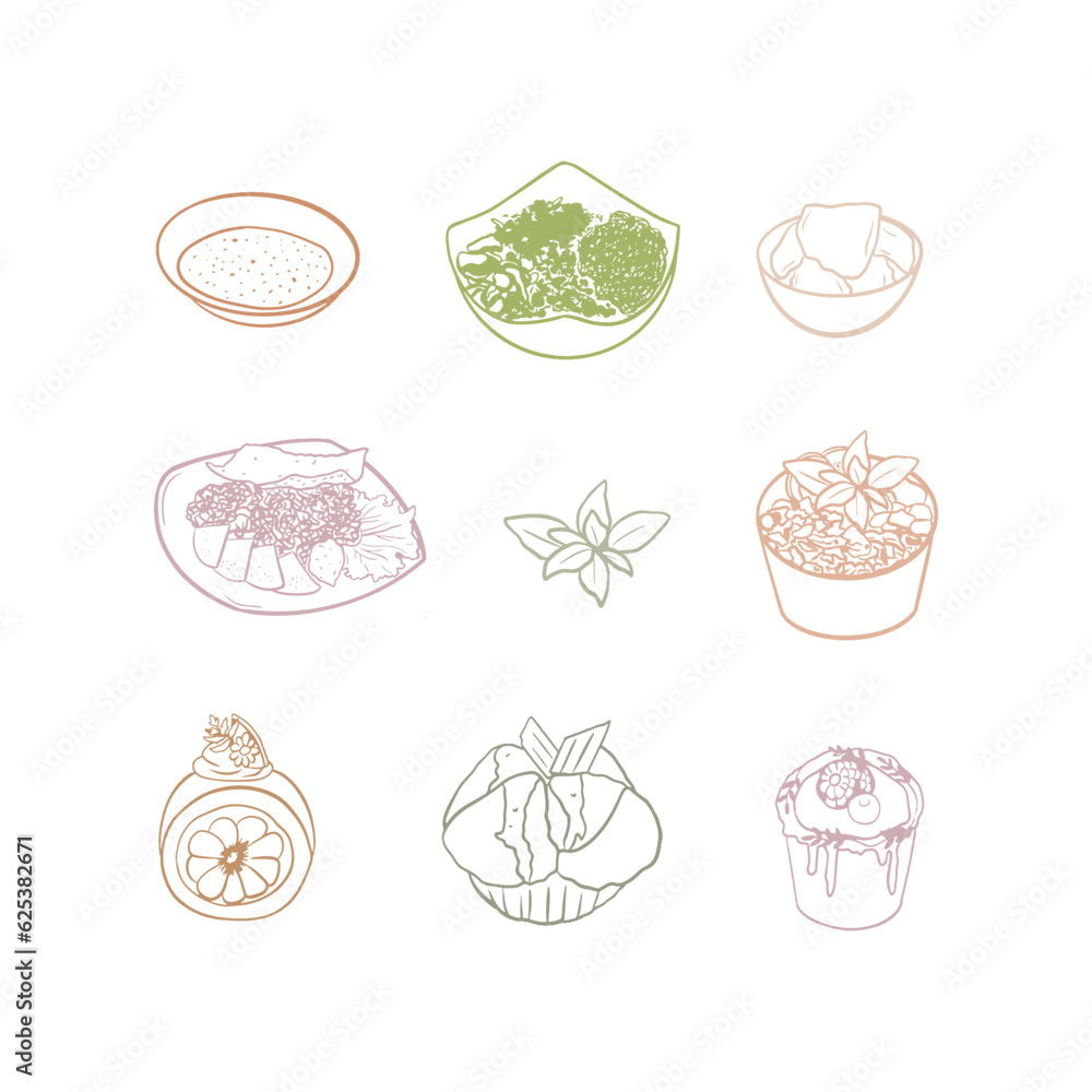Vector set of hand drawn sushi and rolls icons. Isolated on white background.