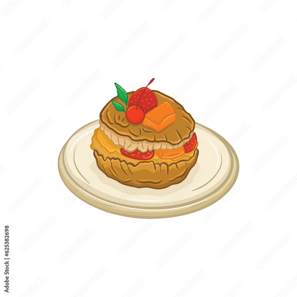 Pastry with strawberry and orange on the plate. Vector illustration.