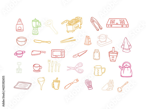 Kitchen utensils icons set. Outline vector illustration.