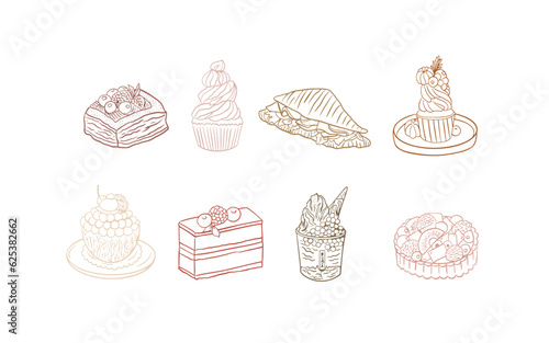 Cakes doodle icons set. Hand drawn vector illustrations.