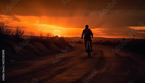 Silhouette of one person cycling in back lit dusk outdoors generated by AI