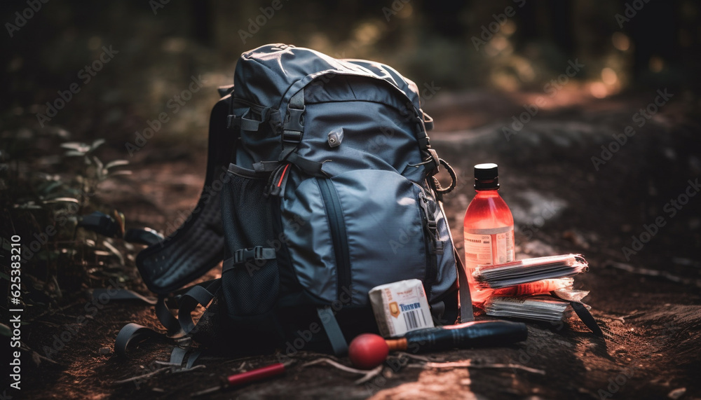 Obraz premium Backpacker hiking outdoors, adventure in nature forest, exploring with equipment generated by AI